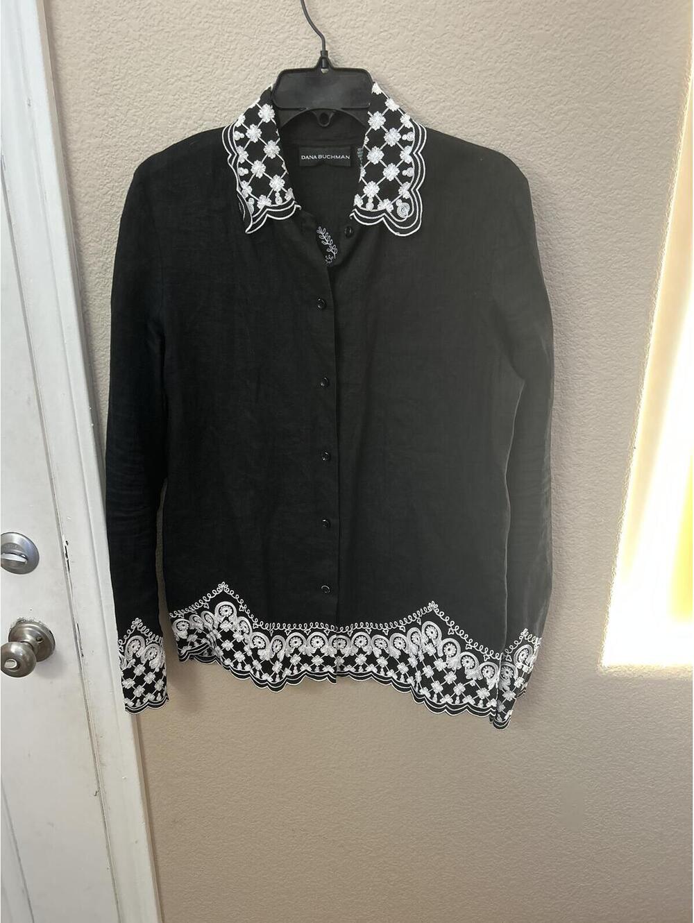 Dana Buchman Black Linen Blouse with White Embroidered Detail Size 10
